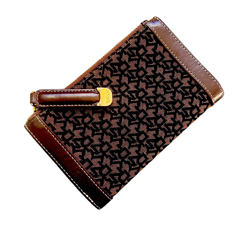 DKNY Brown Signature Canvas Wristlet Wallet with Gold Accent